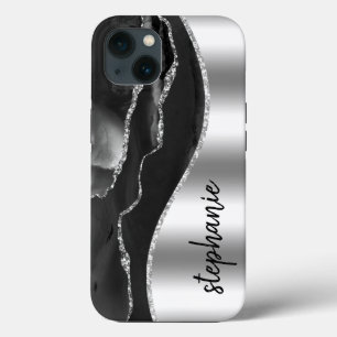 Glam Agate Geode Metallic Zilver Zwart Naam Case-Mate iPhone Case