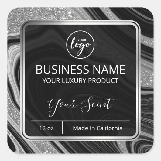 Glam Agate Silver Glitter Black Candle Labels (Voorkant)