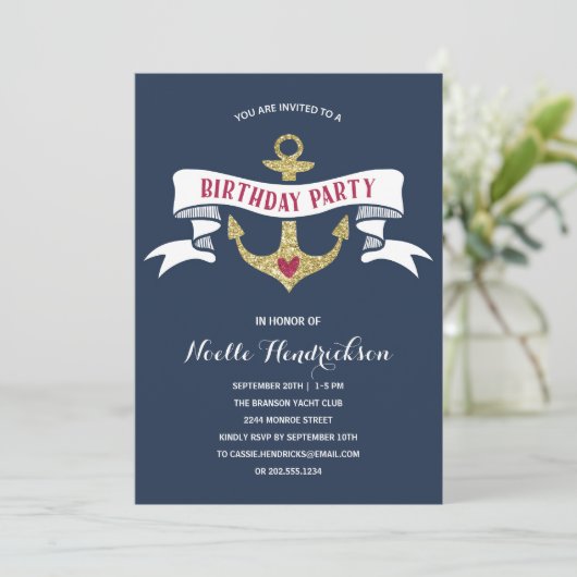 Glam Anchor | Nautical Birthday Party Kaart (Staand voorkant)