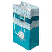 Glam Aqua Blue en Lace Custom Gift Bag Klein Cadeauzakje (Voorkant Gekanteld)