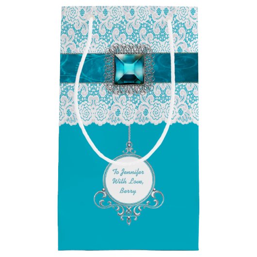 Glam Aqua Blue en Lace Custom Gift Bag Klein Cadeauzakje (Voorkant)