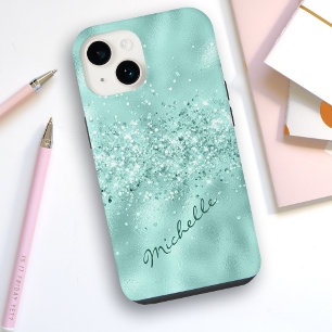 Glam Aqua Blue Folie Confetti iPhone 14 Hoesje
