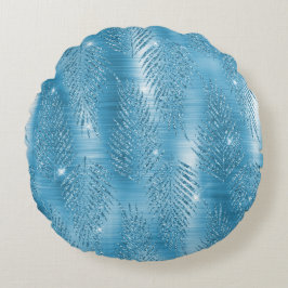 Glam Aqua Blue Tropische Glitter bladeren Rond Kussen