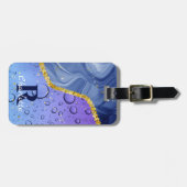 Glam Aqua Blue Water Droplets Ombre | Monogram Bagagelabel (Voorkant horizontaal)