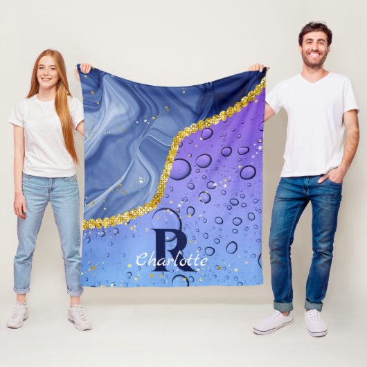 Glam Aqua Blue Water Droplets Ombre | Monogram Fleece Deken (In situ)