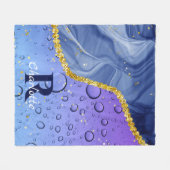 Glam Aqua Blue Water Droplets Ombre | Monogram Fleece Deken (Voorkant (Horizontaal))