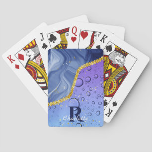 Glam Aqua Blue Water Droplets Ombre   Monogram Pokerkaarten