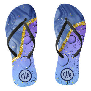 Glam Aqua Blue Water Droplets Ombre Monogram Teenslippers