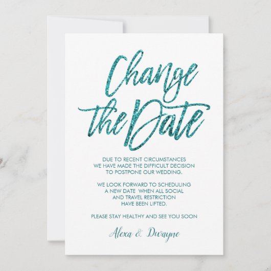 Glam Aqua Glitter Afgelast Uitgestelde bruiloft Kaart (Voorkant)
