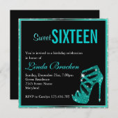 Glam Aqua Glitter High Heel Sweet Sixteen nodigt u Kaart (Voorkant / Achterkant)