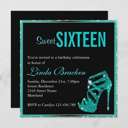 Glam Aqua Glitter High Heel Sweet Sixteen nodigt u Kaart (Voorkant / Achterkant)