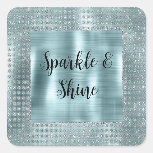 Glam Aqua Glitzy Zilveren Glans Vierkante Sticker (Voorkant)