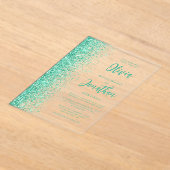 Glam Aqua Groen Glitter Modern Script Bruiloft Acryl Uitnodigingen (Laagn)