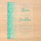 Glam Aqua Groen Glitter Modern Script Bruiloft Acryl Uitnodigingen (Voorkant)