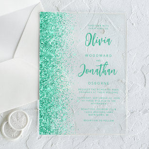 Glam Aqua Groen Glitter Modern Script Bruiloft Acryl Uitnodigingen