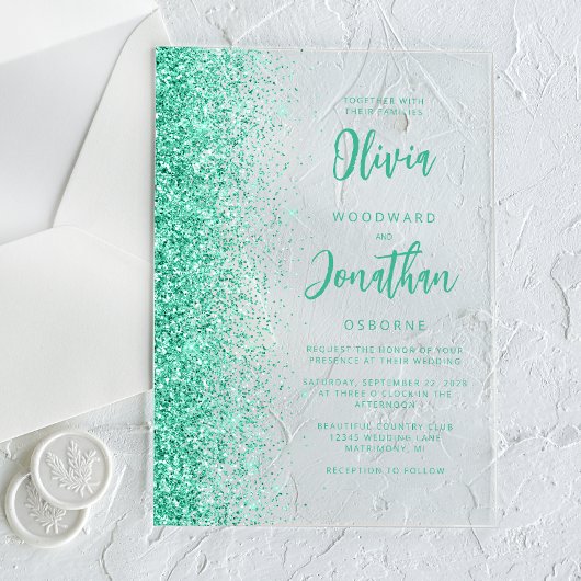 Glam Aqua Groen Glitter Modern Script Bruiloft Acryl Uitnodigingen