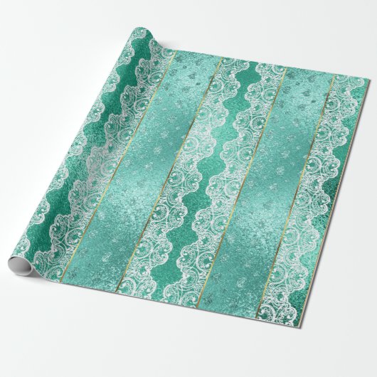 Glam Aqua Mint Green Golden Folie White Lace Cadeaupapier (Uitgerold)