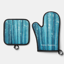 Glam Aqua Sparkle Stripes Ovenwant & Pannenlap Set