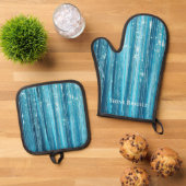 Glam Aqua Sparkle Stripes Ovenwant & Pannenlap Set (Top down)