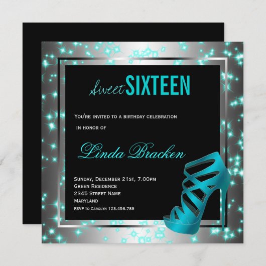Glam Aqua Twinkle High Heel Sweet Sixteen nodigt u Kaart (Voorkant / Achterkant)