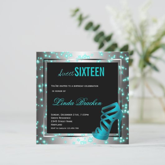 Glam Aqua Twinkle High Heel Sweet Sixteen nodigt u Kaart (Staand voorkant)