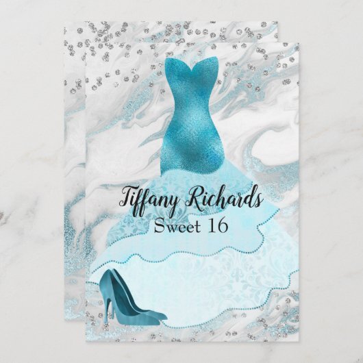 Glam Aquamarijn Gown Sweet 16 Uitnodiging (Voorkant / Achterkant)