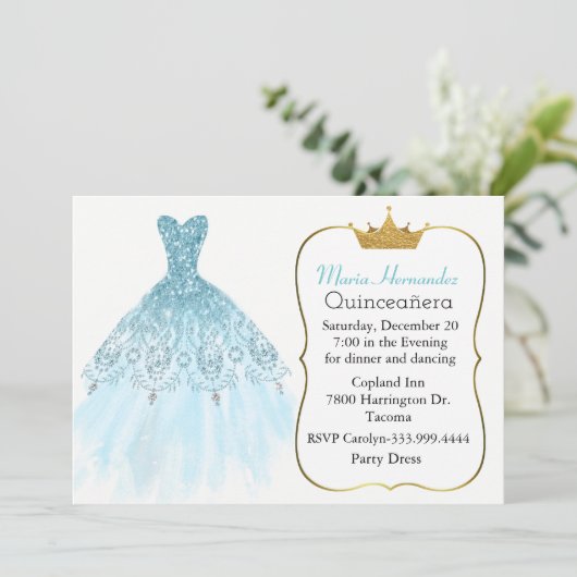 Glam Aquamarine Gown Quinceañera Uitnodiging (Staand voorkant)