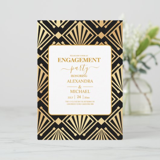 Glam Art Deco Black Gatsby 1920s Stijl Verloving Kaart (Staand voorkant)