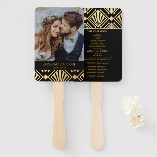 Glam Art Deco Black Gatsby 1920s Style Wedding Handwaaier (Voorkant en achterkant)