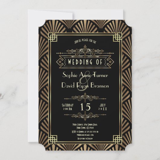 Glam Art Deco Black Gatsby 1920s Style Wedding Kaart (Voorkant)