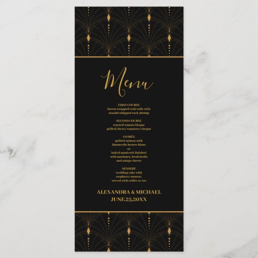 Glam Art Deco Black Gatsby 1920s Style Wedding Menu (Voorkant)