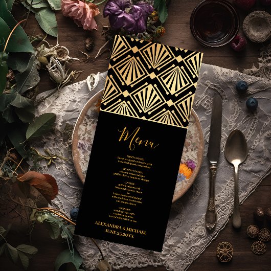 Glam Art Deco Black Gatsby 1920s Style Wedding Menu