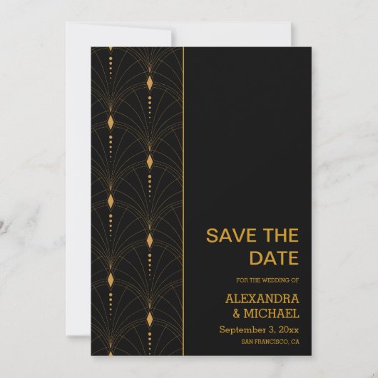 Glam Art Deco Black Gatsby 1920s Style Wedding Save The Date (Voorkant)