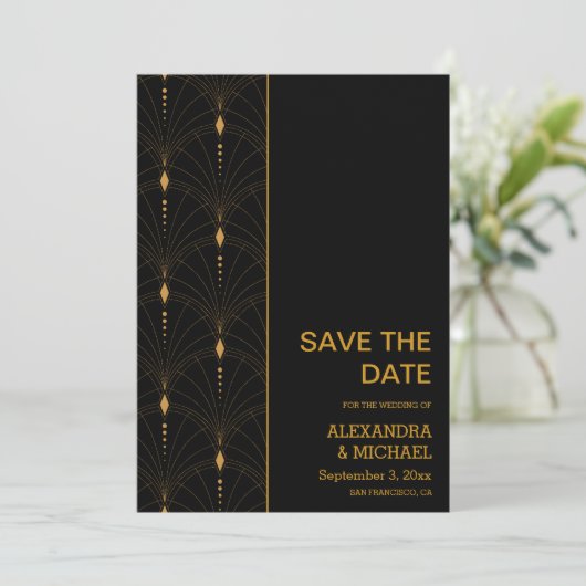 Glam Art Deco Black Gatsby 1920s Style Wedding Save The Date (Staand voorkant)