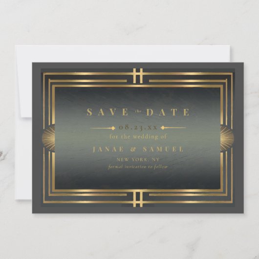 Glam Art Deco Bruiloft Zwart/Goud ID1033 Save The Date (Voorkant)