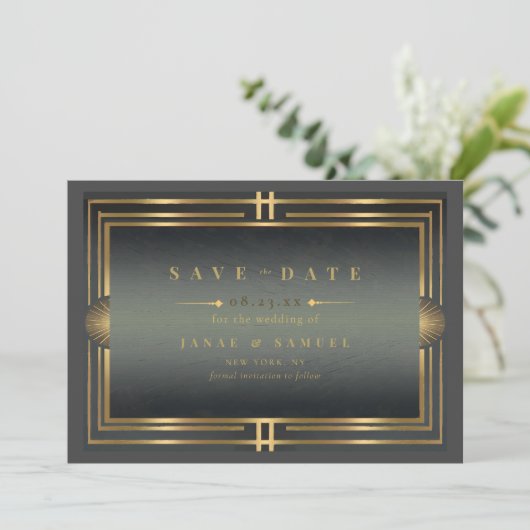 Glam Art Deco Bruiloft Zwart/Goud ID1033 Save The Date (Staand voorkant)