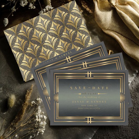 Glam Art Deco Bruiloft Zwart/Goud ID1033 Save The Date