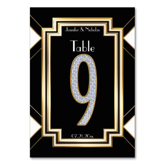 Glam Art Deco Diamond Trouwtafel Nummer Negen Kaart (Achterkant)