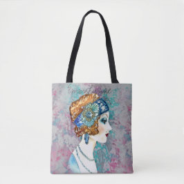 Glam Art Deco Flapper Girl Grey Blauwgroen Roos Tote Bag