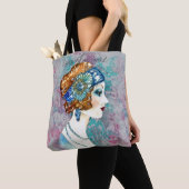 Glam Art Deco Flapper Girl Grey Blauwgroen Roos Tote Bag (Dichtbij)