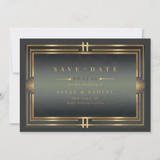 Glam Art Deco trouwfoto Zwart/Goud ID1033 Save The Date (Voorkant)
