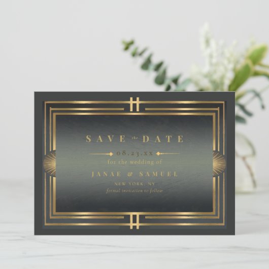 Glam Art Deco trouwfoto Zwart/Goud ID1033 Save The Date (Staand voorkant)