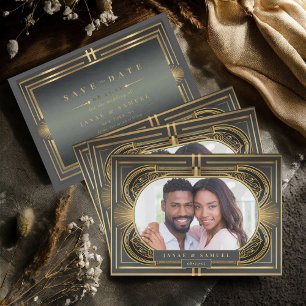 Glam Art Deco trouwfoto Zwart/Goud ID1033 Save The Date
