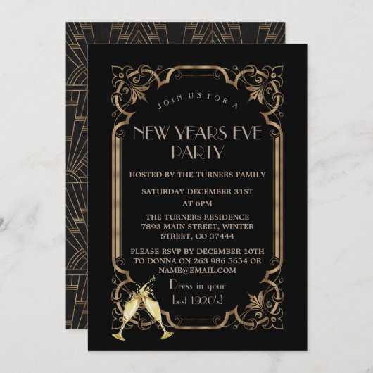 Glam Art Deco Zwart Goud 20s Oud en Nieuwfeest Kaart (Voorkant / Achterkant)