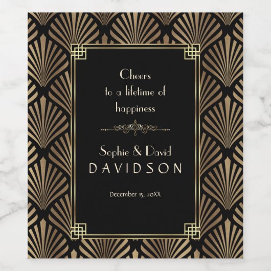 Glam Art Deco Zwarte Gatsby 1920 stijl bruiloft Wijn Etiket (Enkel label)