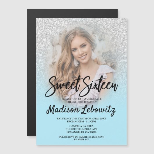 Glam Baby Blue & Glitter Sweet 16 Foto Uitnodiging Magnetische Uitnodiging (Voorkant / Achterkant)