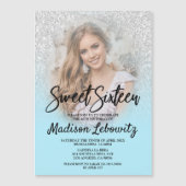 Glam Baby Blue & Glitter Sweet 16 Foto Uitnodiging Magnetische Uitnodiging (Voorkant)