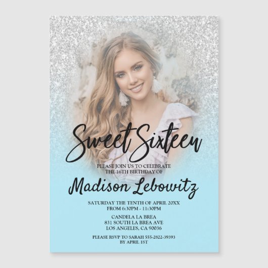 Glam Baby Blue & Glitter Sweet 16 Foto Uitnodiging Magnetische Uitnodiging (Voorkant)