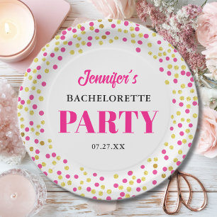 Glam Bachelorette Feest Roze Gouden Stippen Papieren Bordje