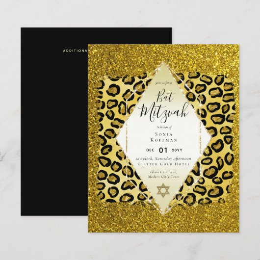 Glam BAT MITZVAH Girly GOLD Glitter Animal Print (Voorkant / Achterkant)